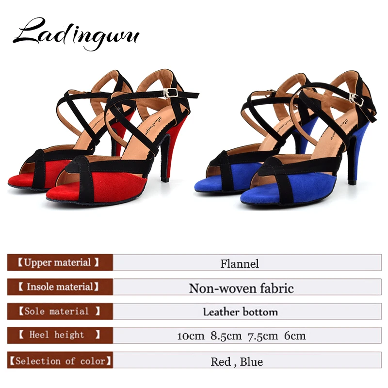 Ladingwu Women Latin Dance Shoes Flannel Salsa Women Ballroom Dancing Shoes For Girls Blue/Red Soft Bottom Indoor Shoes Tango