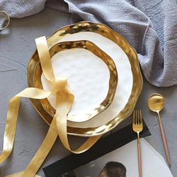 Ceramic White Steak Plate With Gold Edge Breakfast Tray Retro Bowl Dessert Pasta Dishes Western Food Container Ramen Bowl 1pcs