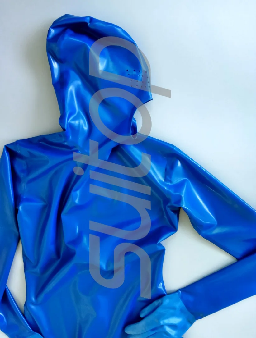 

Men's Latex catsuit with hoods gloves and feets (back zip ) Open mouth nose with neck holes eyes in blue