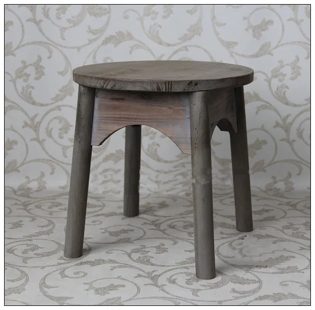 Shabby Chic Old Solid Wood Stool, Four Round Legs, Round Top