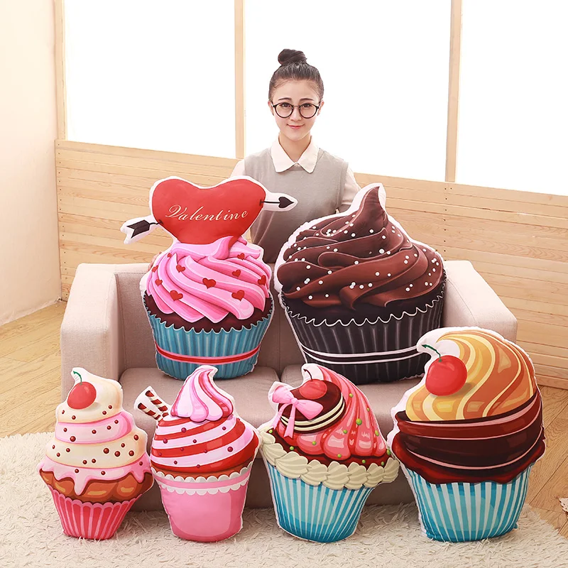 3D Plush Ice Cream Bolster Cupcake Soft Back Cushion Yummy Sofa Decoration Cartoon Pillow Bed Throw For Kid Birthday Xmas Gifts