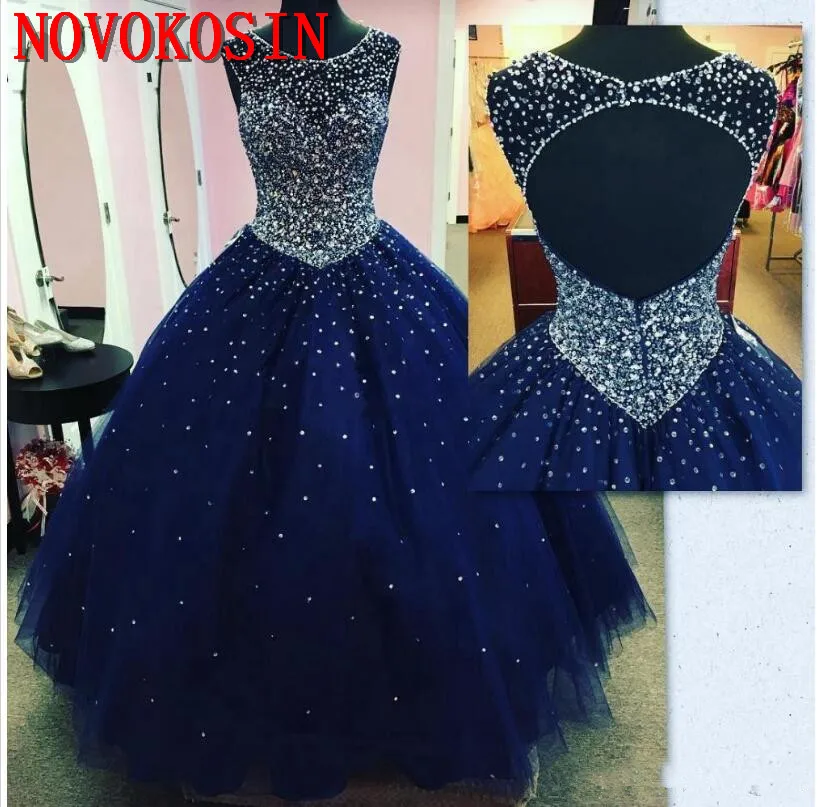 2019 반짝 이는 비즈 크리스탈 네이비 블루 quinceanera 드레스 볼 가운 tulle masquerade sweet 16 prom 가운 backless vestido festa