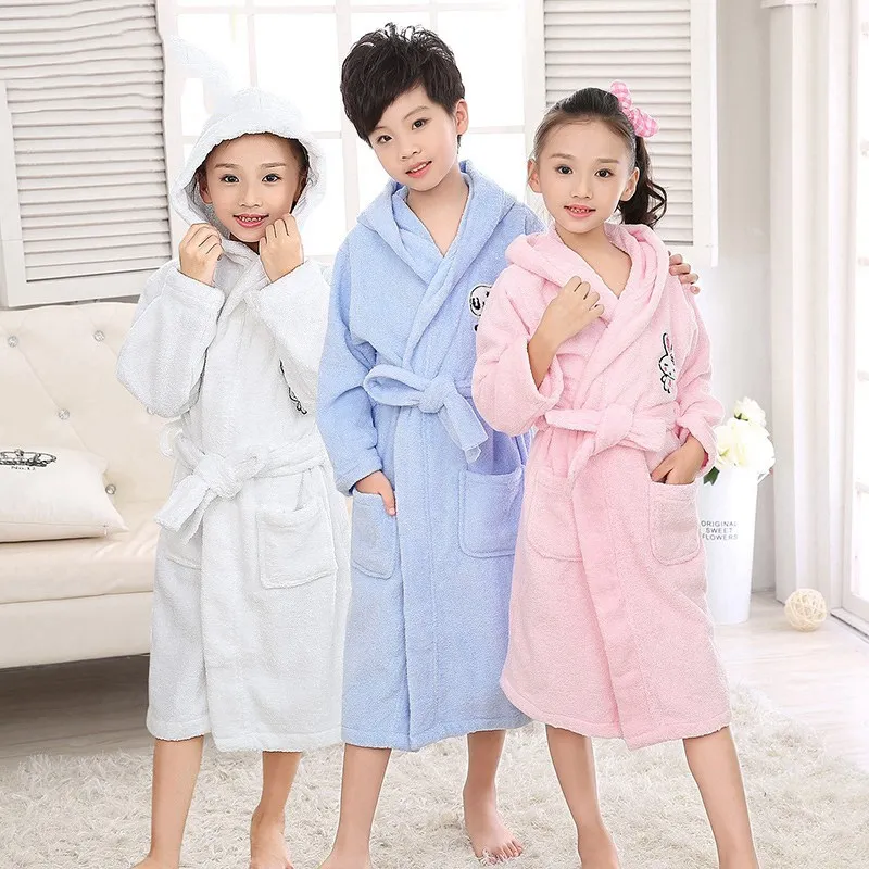 Winter Bathrobe Kids Children's bathrobes Cotton hooded long sleeve sleepwear Boys Blue robe Soft robes pyjamas kids Autumn Pink