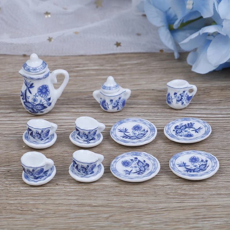 15Pcs/set Flower Patten Porcelain Coffee Tea Cups Ceramic Tableware Scale 1/12 Miniature Kitchen Accessories