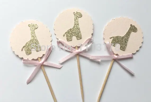 Cupcake Toppers with Gold Glitter Giraffe Baptism BABY shower wedding party cake topper food picks24pcs