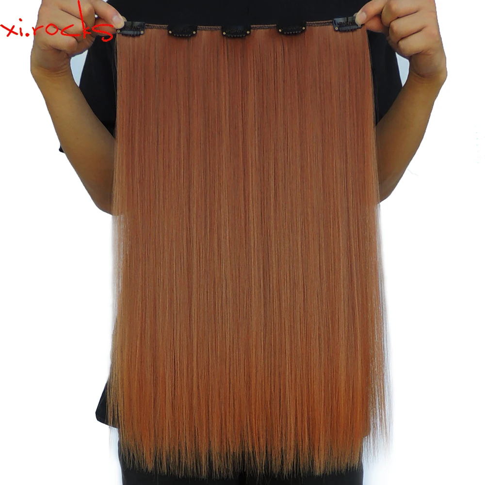 wjlz5050/5 Piece Lot Xi.rocks Synthetic Clip in Hair Extension 20inch Hair Clips Extensions Straight Hairpiece Copper Color 30J