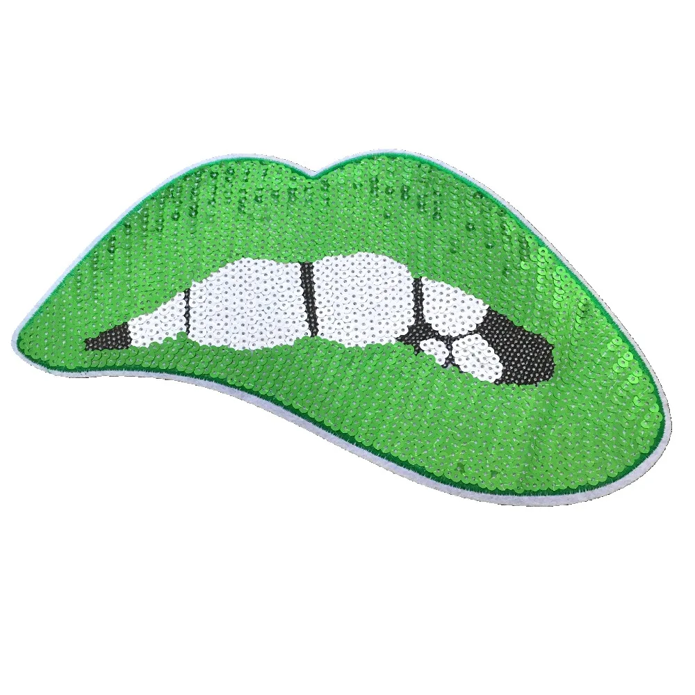 2022 Fashion patch green lips Cartoon Iron On Patches For Clothing Embroidery Stripe On Clothes Cute DIY Sequin Applique Badge