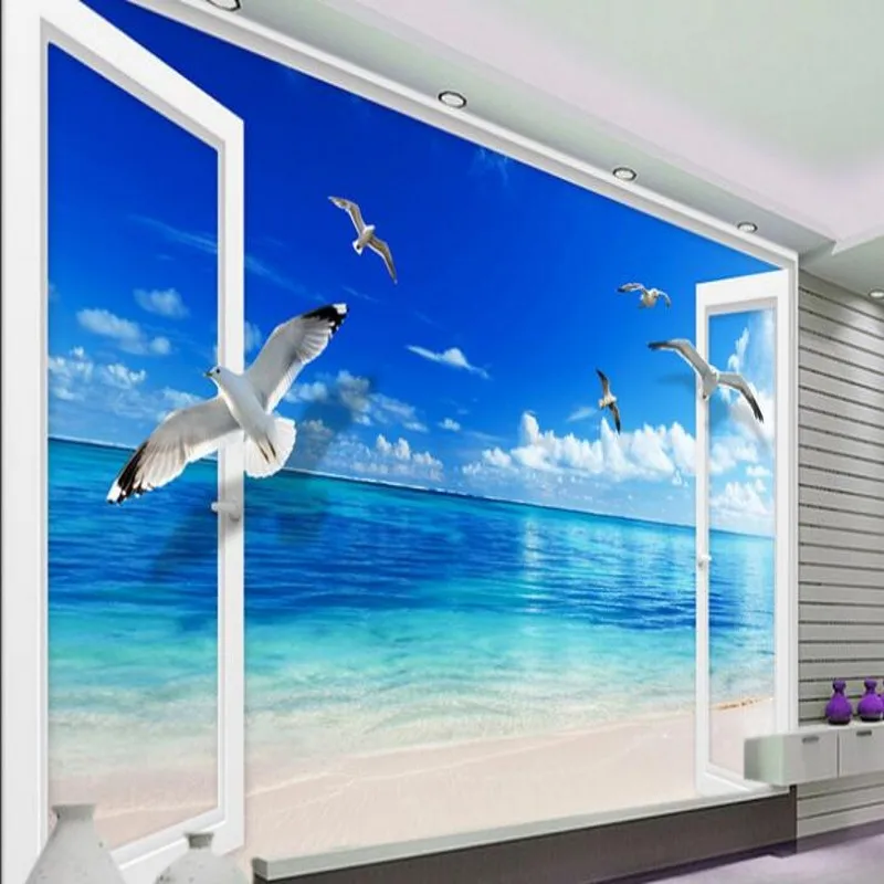 

wellyu Customized large - scale mural fantasy beautiful beach 3D windows living room TV background wall non - woven wallpaper