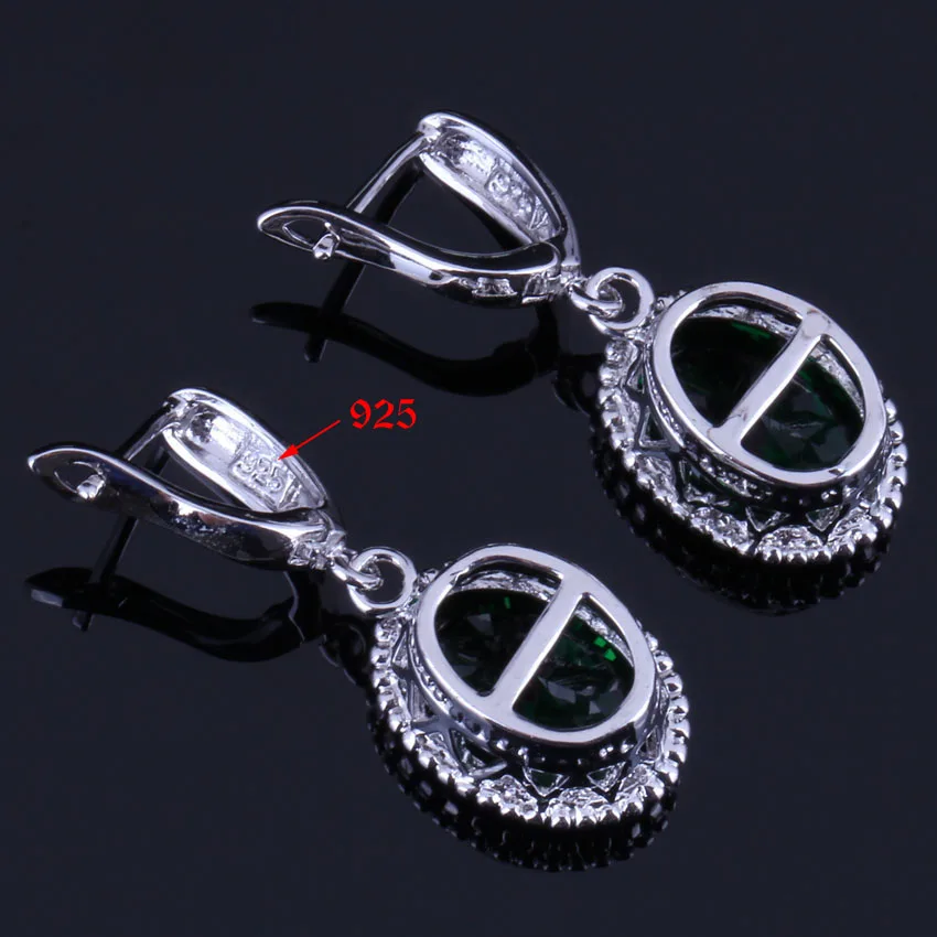 Pretty Big Oval Green Cubic Zirconia Silver Plated Jewelry Sets Earrings Pendant Nacklace Chain Ring V0262