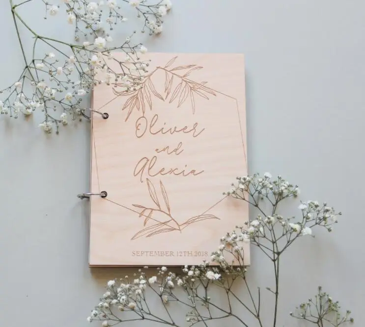 personalized  Botanical Wedding Minimal Wood memory guestbooks engagement Wooden photo Albums signature Sign in Guest Books