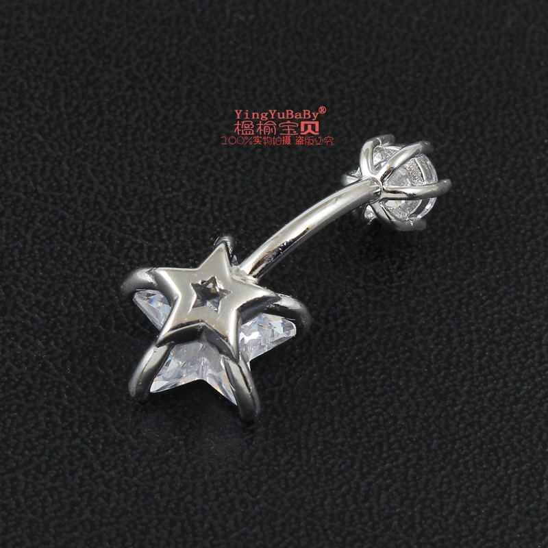 S925 real genuine silver belly button ring pure silver star zircon stone not allergic pin length 6 8 10 mm body piercing jewelry