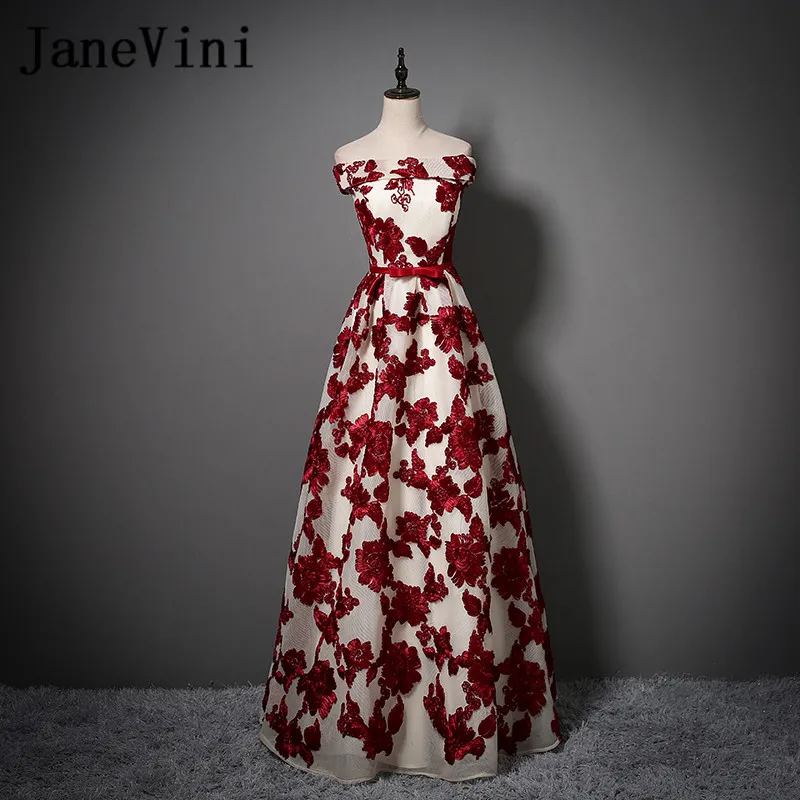 

JaneVini Burgundy Lace Long Bridesmaid Dresses 2020 Sexy Off Shoulder Women Tulle Party Dress for Wedding Guest Formal Prom Gown