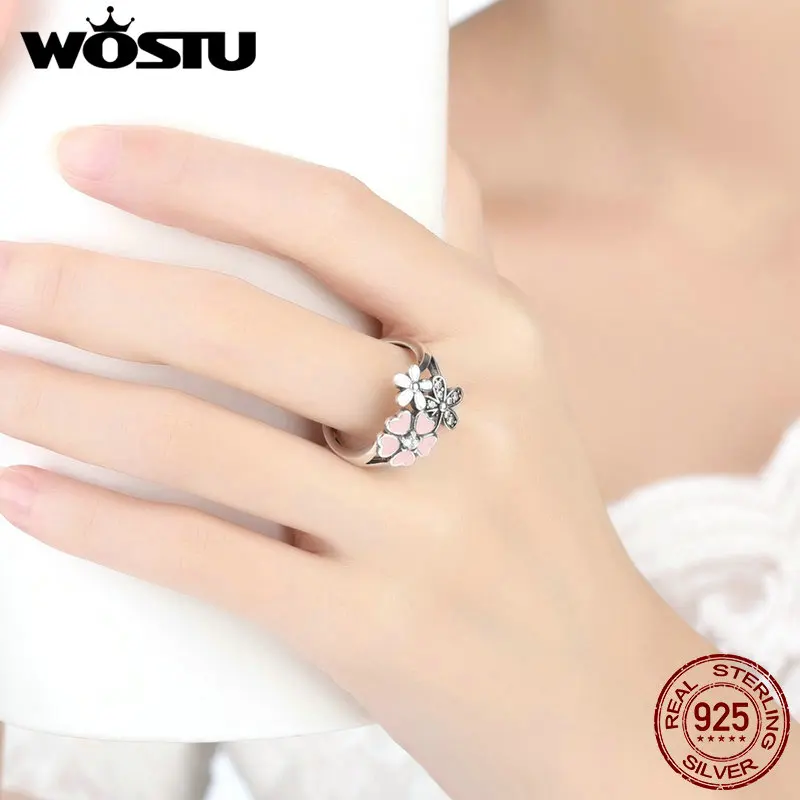 WOSTU 100% 925 Sterling Silver Poetic Daisy Cherry Blossom Wedding Rings For Women S925 Silver Ring Jewelry Lover Gift CQR004