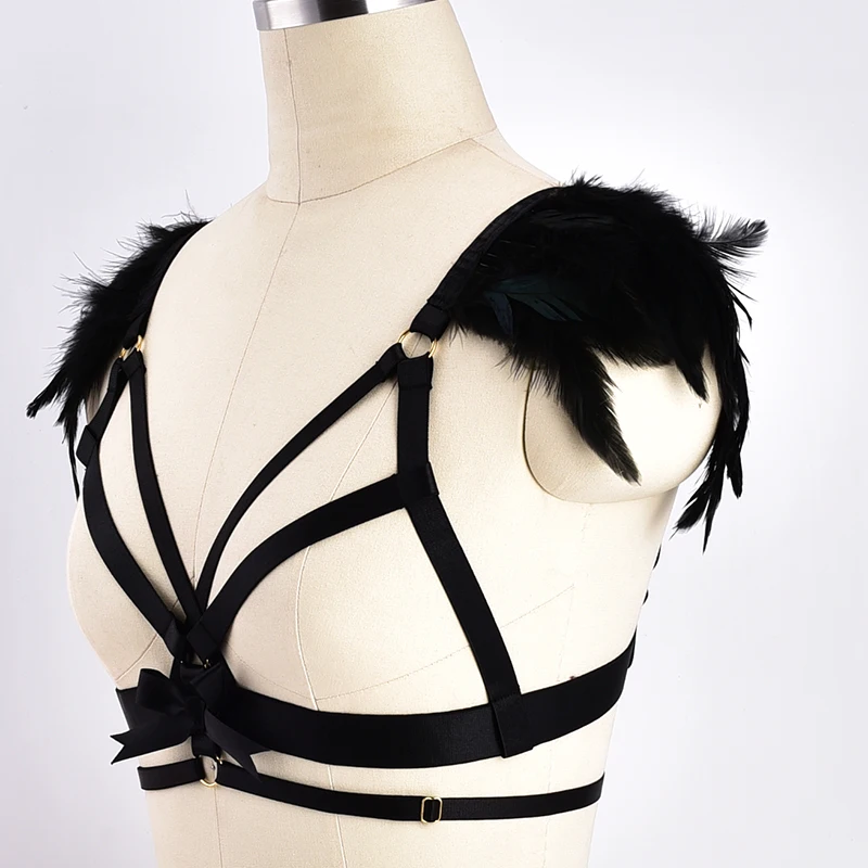 Womens Sexy Fetish Feathers Bow Harness Epaulette Cage Bra Feathers Gothic Body Harness Belt Angel Wings Bondage Lingerie Rave