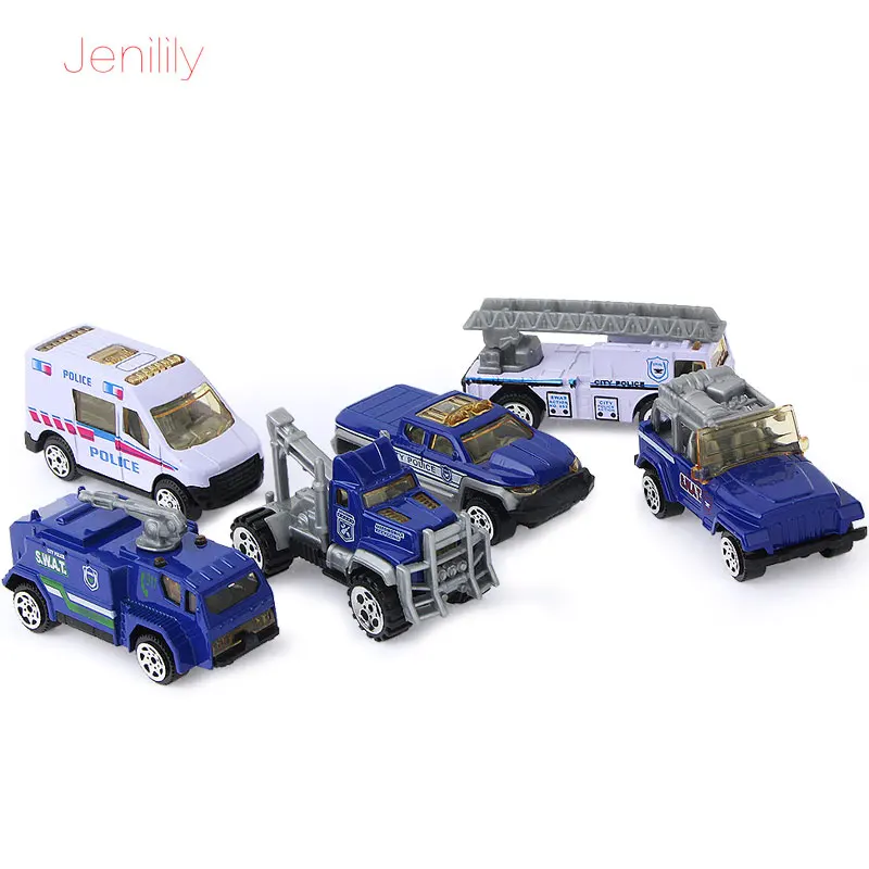 6 Pcs/set 1:64 Mini Sliding Alloy Car Truck Blue Red Fire Engine Police Concrete Car Model Toy Kids boys Early Educational toys