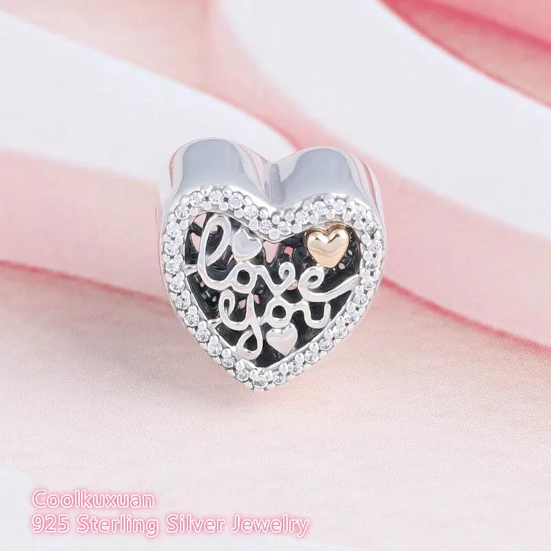 Original 925 Sterling Silver Love You Script Charms Two Tone Heat CZ Stone Beads Fits Pandora bracelets Valentine's Day Gift