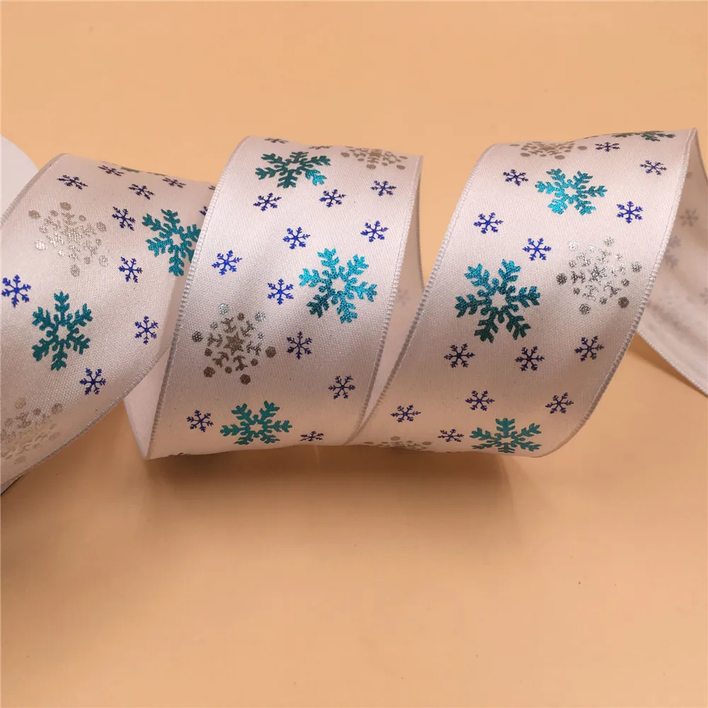 38mm X 25yards White Wired Satin Ribbon with Snowflake Imprinting for Gift Bow,wedding,cake Wrap,tree Decoration N1132