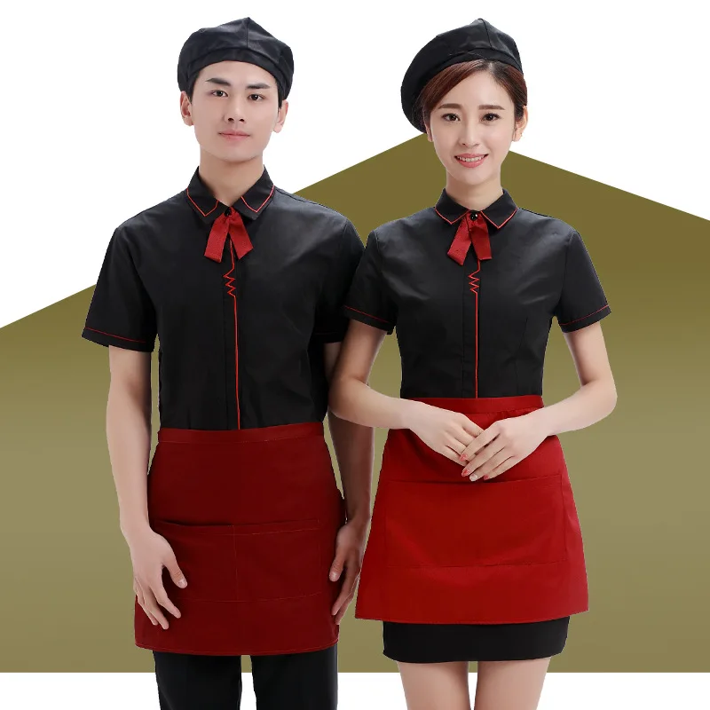 Hotel Workwear Short Sleeve Waitress Women Coat Uniform Restaurant Cake Shop Catering Hot Pot Shops Waiter Single Overalls H2238