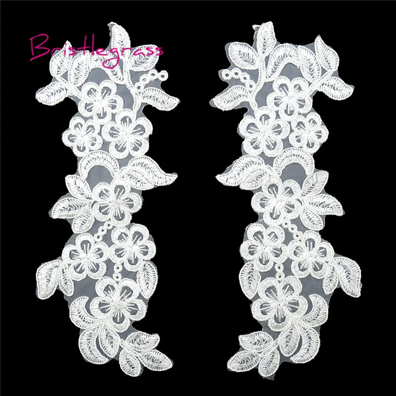 BRISTLEGRASS 1 Pair Off White Embroidered Flower Vine Applique Patches Tulle Mesh Lace Trims Bridal Wedding Dress Costume Sewing