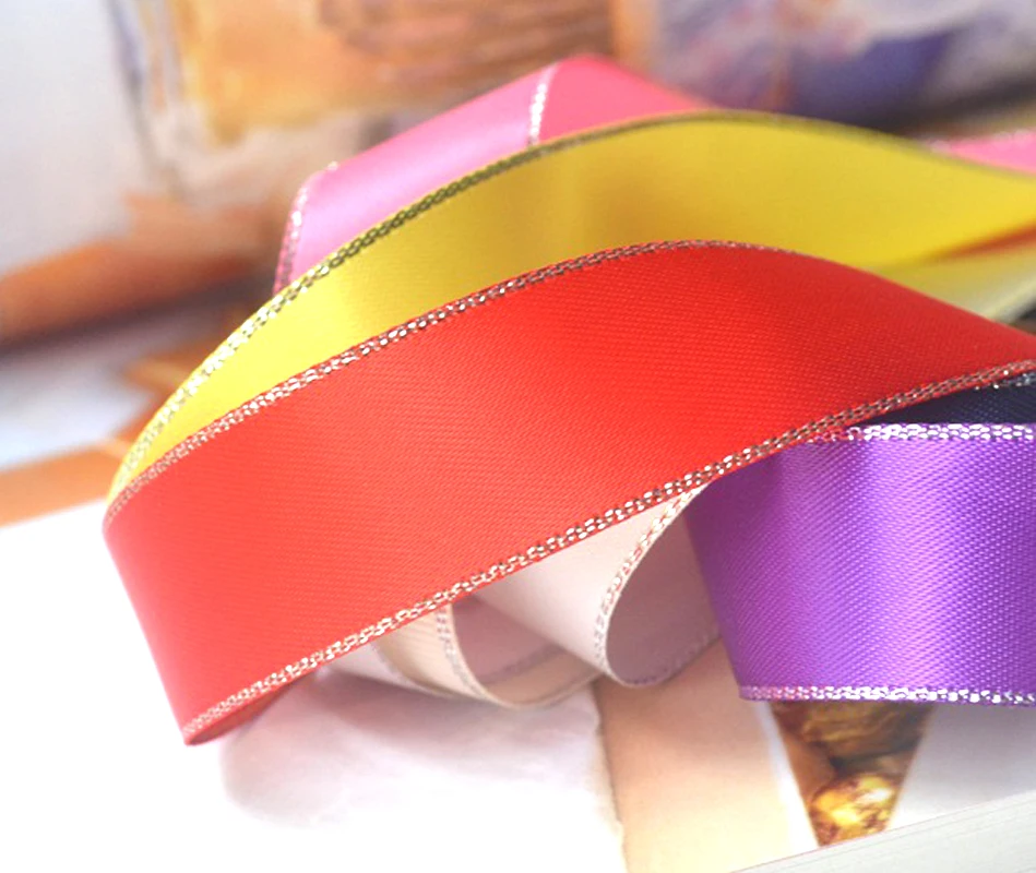 Silver Metallic-Edge Satin Ribbon Tape Crafts ECO-Friendly Double Face Fabric Band for Handmade Ribbon Bow