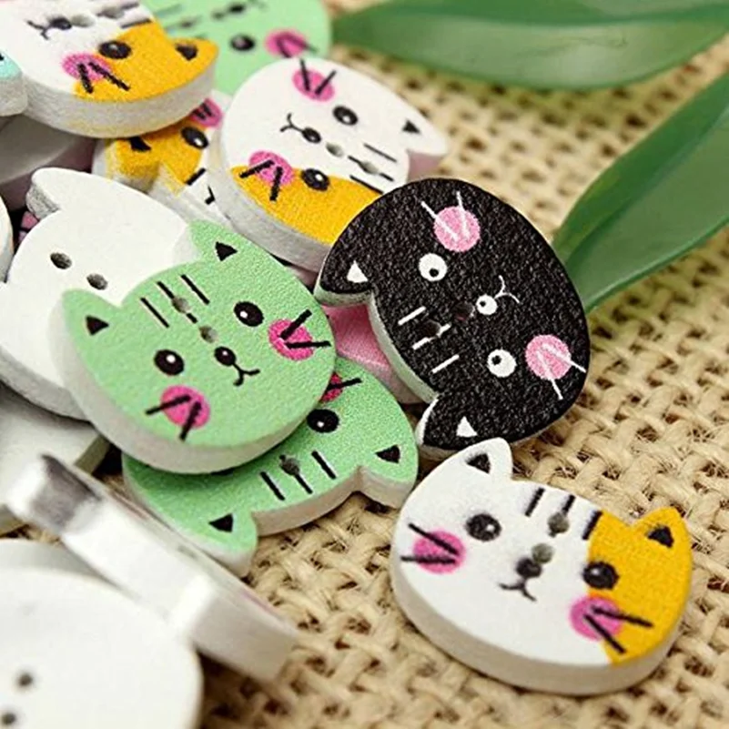 100pcs Animal Cat Wooden Button Sewing Scrapbooking DIY Craft Colorful 2 Holes  7NK155