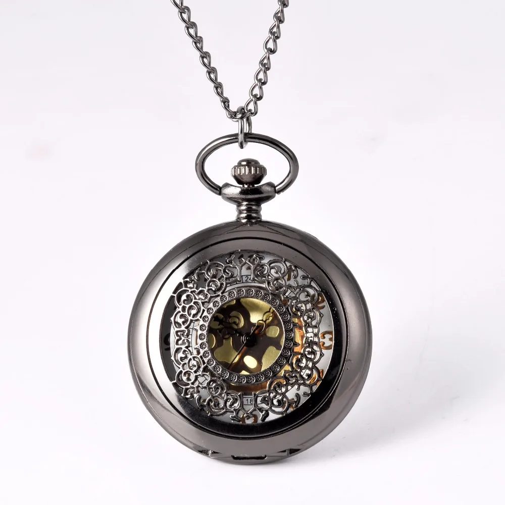 Pocket Watch Black Round Delicate Flower Pocket Watch Men Antique Luxury Brand Necklace Pocket & Fob Watches Chain Male Clock