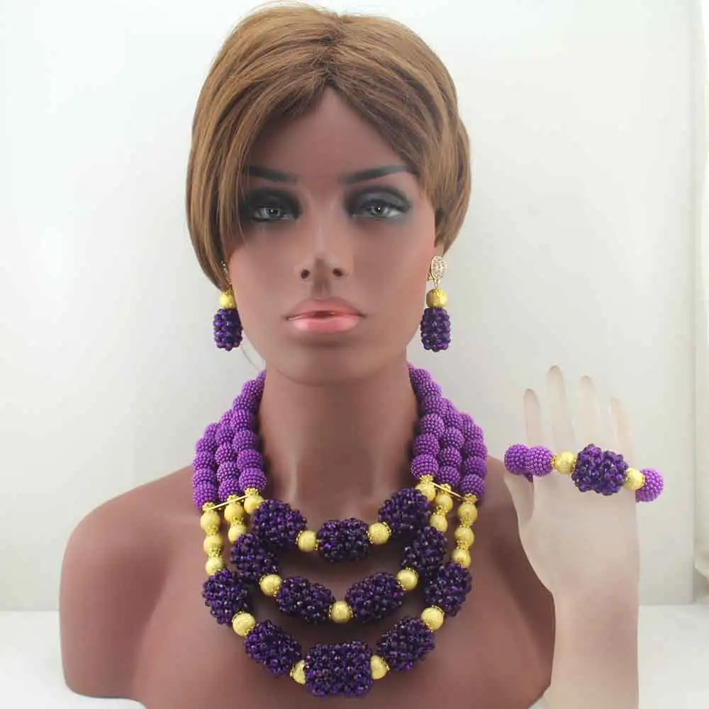 

New Handmade Purple Wedding African Bold Beads Jewelry Sets Nigerian Bridal Costume Necklace Set Gift Free Shipping HD8508