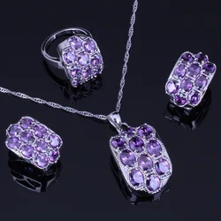 Eye-Catching Oval Purple Cubic Zirconia Silver Plated Jewelry Sets Earrings Pendant Nacklace Chain Ring V0248