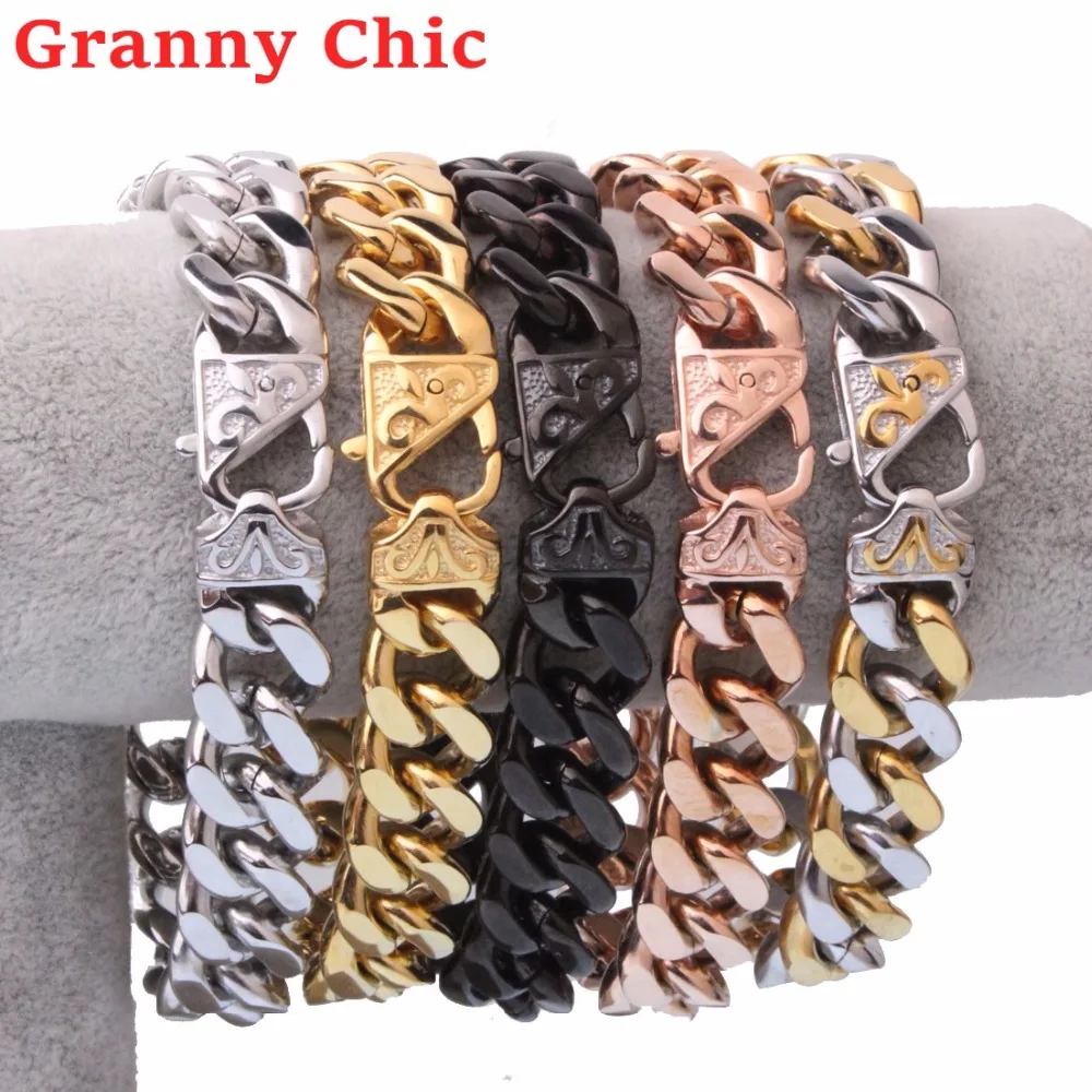 Granny Chic High Quality Jewelry Men Silver Rose Gold Black Color Cuban Link Chain Stainless Steel Bracelet for Bangle Accessory