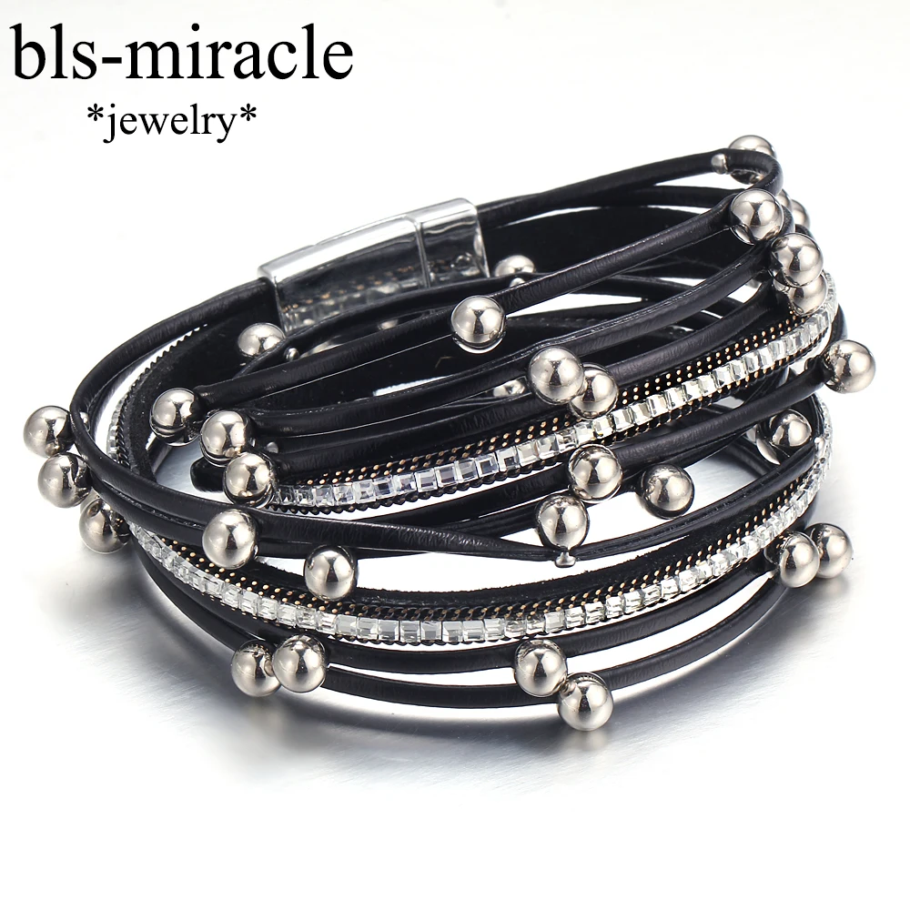 Bls-miracle 3 Color Fashion Multiple Layers Charm Bracelet For Women Vintage Leather Bracelets & Bangle Femme Party Jewelry Whol