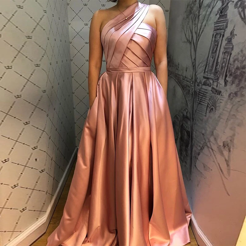 Eine Schulter Lange Prom Kleid Mit Taschen Vorne Split A-linie Falten Rose Rosa Dunkelgrün Satin Formale Party Kleid Prom kleider