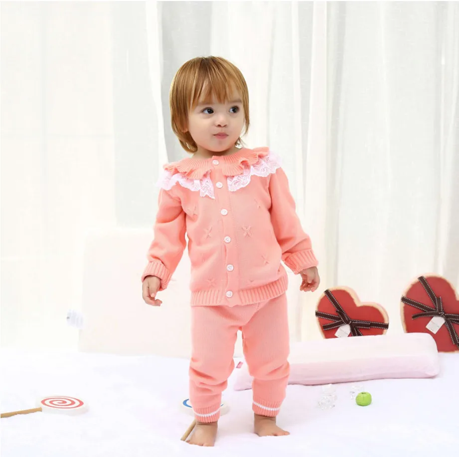 

Newborn Girls Cardigan Pant Clothing Sets Baby Kids Clothes Cotton Sweater Full Sleeve Lace Knitted Sweaters Coat+Trousers