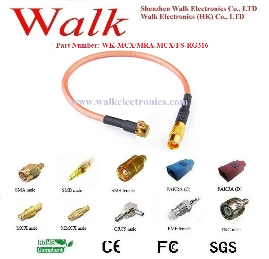 MCX connector cable jumper: MCX male right angle to MCX female straight with rg316 cable
