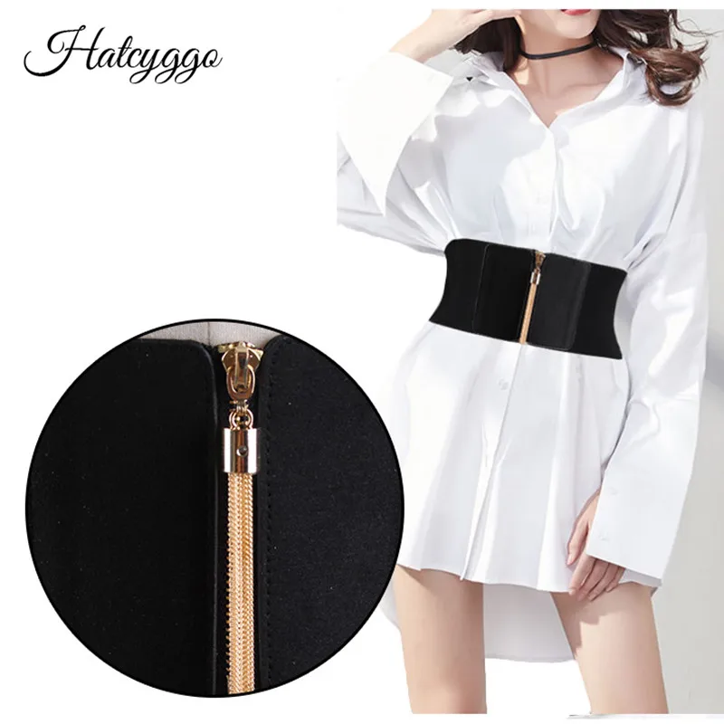 Hatcyggo feminino elástico cinch cinto largo estiramento cinto de cintura ouro borla zíper espartilho cummerbund vestido adorno para correias