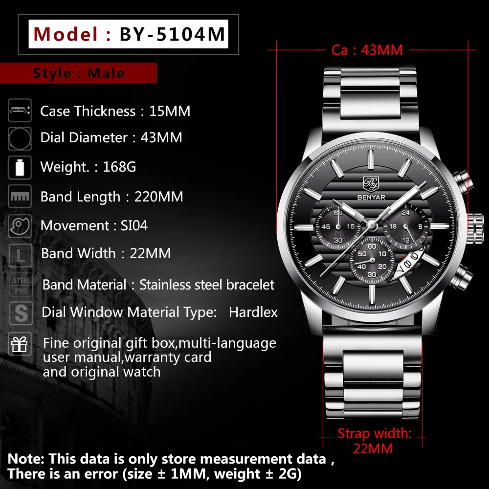 Men\'s Sports Chronograph Quartz Watch Leather& Stainless Steel Strap Waterproof Business Watches Clock Male Relogio Masculino