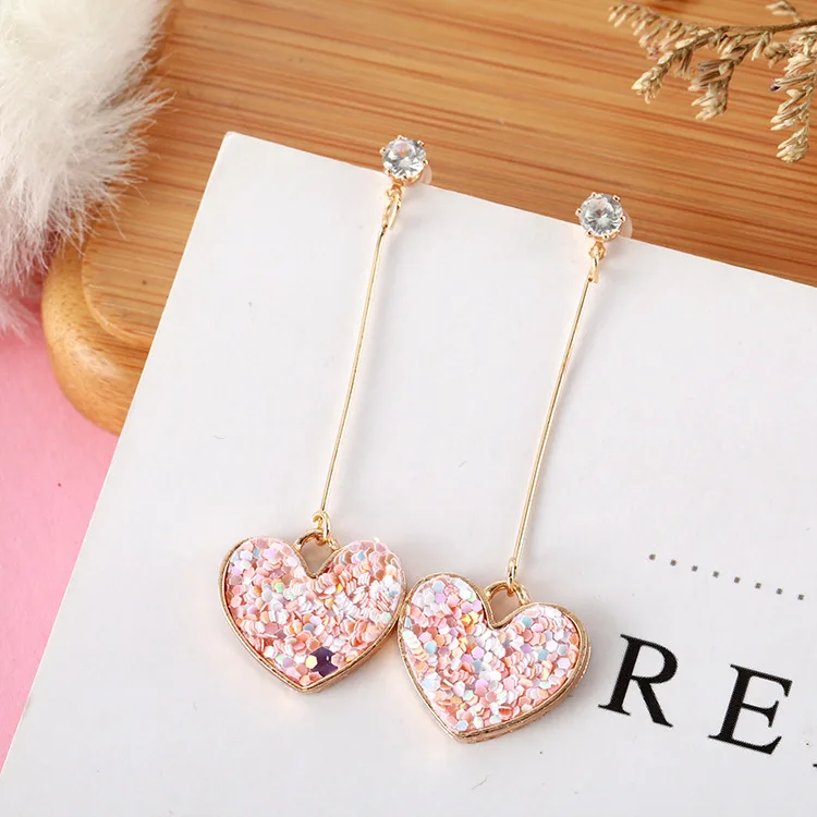 Korean Fashion Sweet Romantic Girl Pink Sequin Love Long Exquisite Pendant Earrings Temperament Wild Bride Earrings Gift