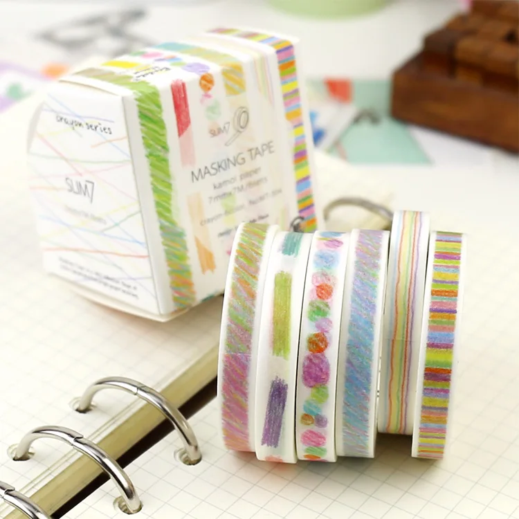 6pcs/set colorful Crayon style slim 7mm Dividing line Japanese washi tape DIY scrapbook paper tape decorative masking tapes