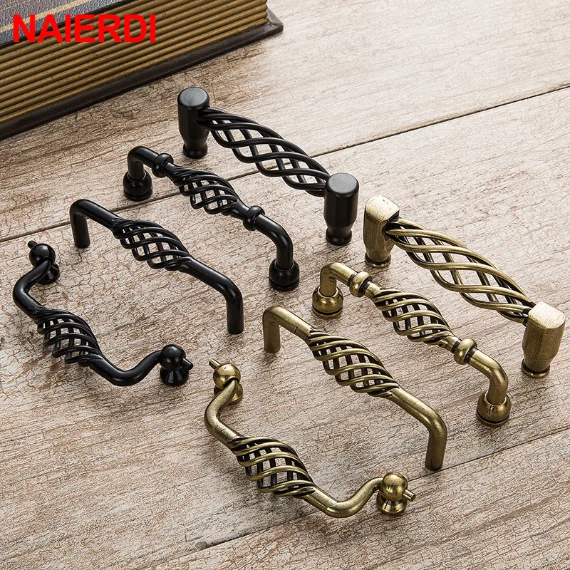 NAIERDI Antique Bronze Cabinet Handles Hollow Out Birdcage Handles Drawer Knobs Wardrobe Door Pullers Vintage Furniture Handle