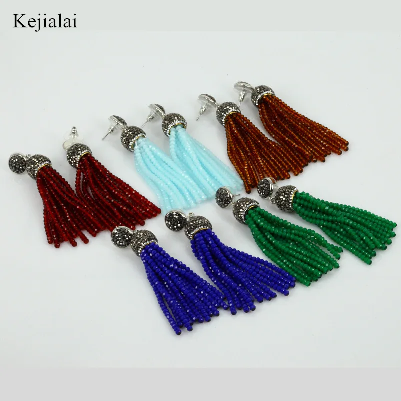 Original Handmade Bohemia Wire Red Green Blue Brown Beads Long Tassel Drop Dangle Black Rhinestone Connector Earrings For Women