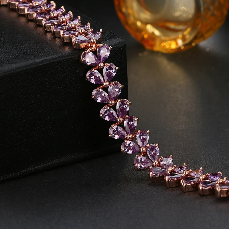 Emmaya Luxury Purple Cz Bangle Bracelet Unique Design Rose Gold Color Pear Cut AAA Cubic Zirconia Bracelets for Women