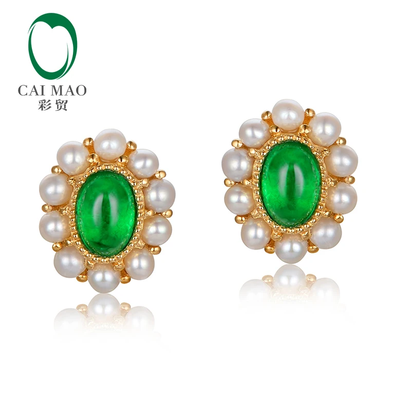 14K Yellow Gold 0.98ct 4x6mm Cabochon Cut Emerald and Natural Pearl Classical Engagement Earrings