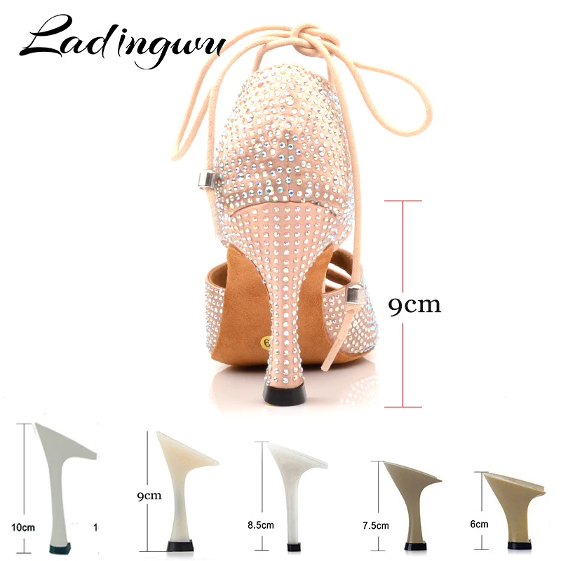 Ladingwu Women Latin Dance Shoes Skin Satin Shining Big small rhinestone dancing shoes  Narrow foot Adjust width Flare heel 9cm