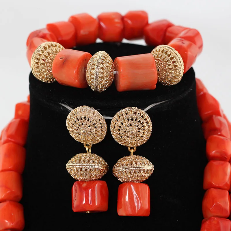 New African Big Coral Beads Jewelry Set Fabulous Traditional Wedding Quality Real Coral Costume Women Necklace Set Gift ABH583