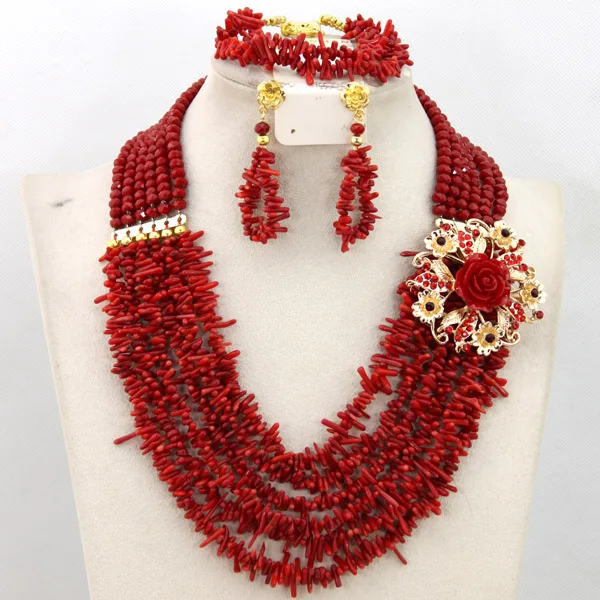 New Amazing Red African Coral Beads Jewelry Set Nigerian Wedding Beads Necklace Bridal Jewelry Sets Free Shipping ABS014