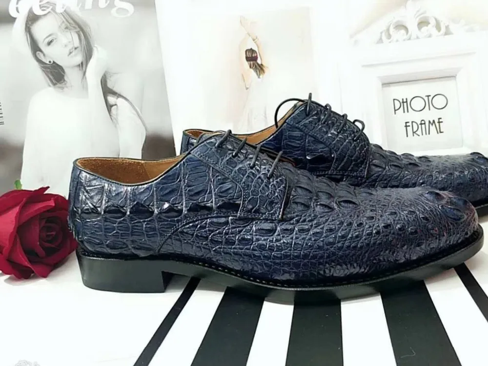 100% Genuine real crocodile head skin men shoe durable solid crocodile tail skin men dress business shoe dark blue color