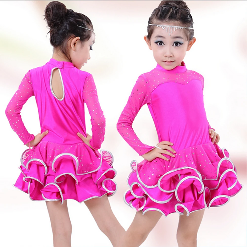 Roupa de palco de salão infantil, de alta qualidade, outono e inverno, saia feminina de dança latina, vestido de manga comprida, trajes ondulados