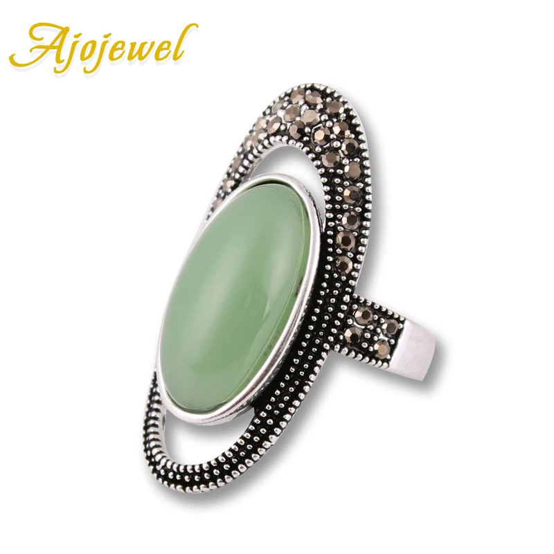 Ajojewel Vintage Jewelry Opal Green Cocktail Ring Black Rhinestone Rings For Women Mix Wholesale