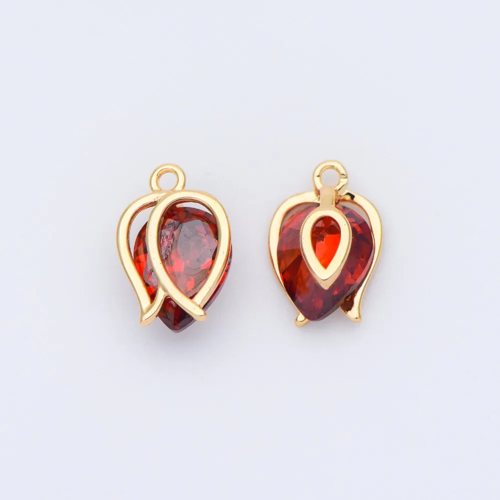 

4pcs CZ Paved Flower Charms 12x8mm, Real Gold Plated Brass, Red Cubic Zirconia Pendants (GB-3579-A)