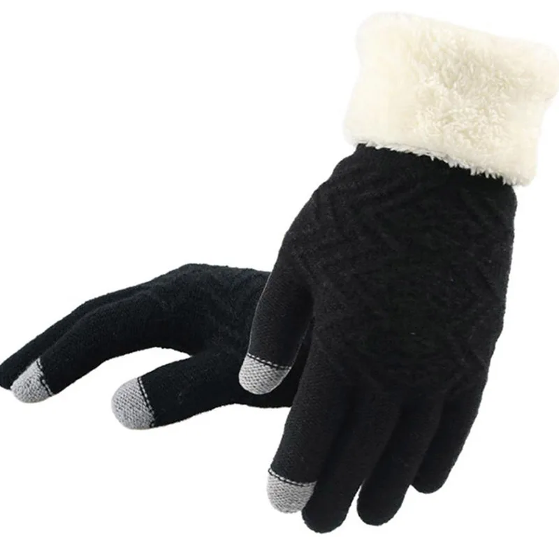 

Female Fashion Knitted Touch Screen Mitten Winter Women Wool Plus Cashmere Velvet Thicker Warm Full Finger Glove Guantes C1