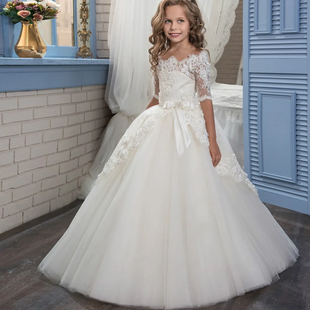 

New Flower Girl Dresses Appliques Ball Gown Three Quarter O-neck First Communion Dresses Hot SaleVestidos Longo Custom Make